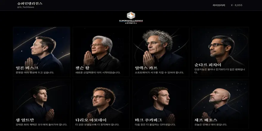 테크 리더 사이트 첫 화면 — 인물 8명의 카드와 한 줄 인용